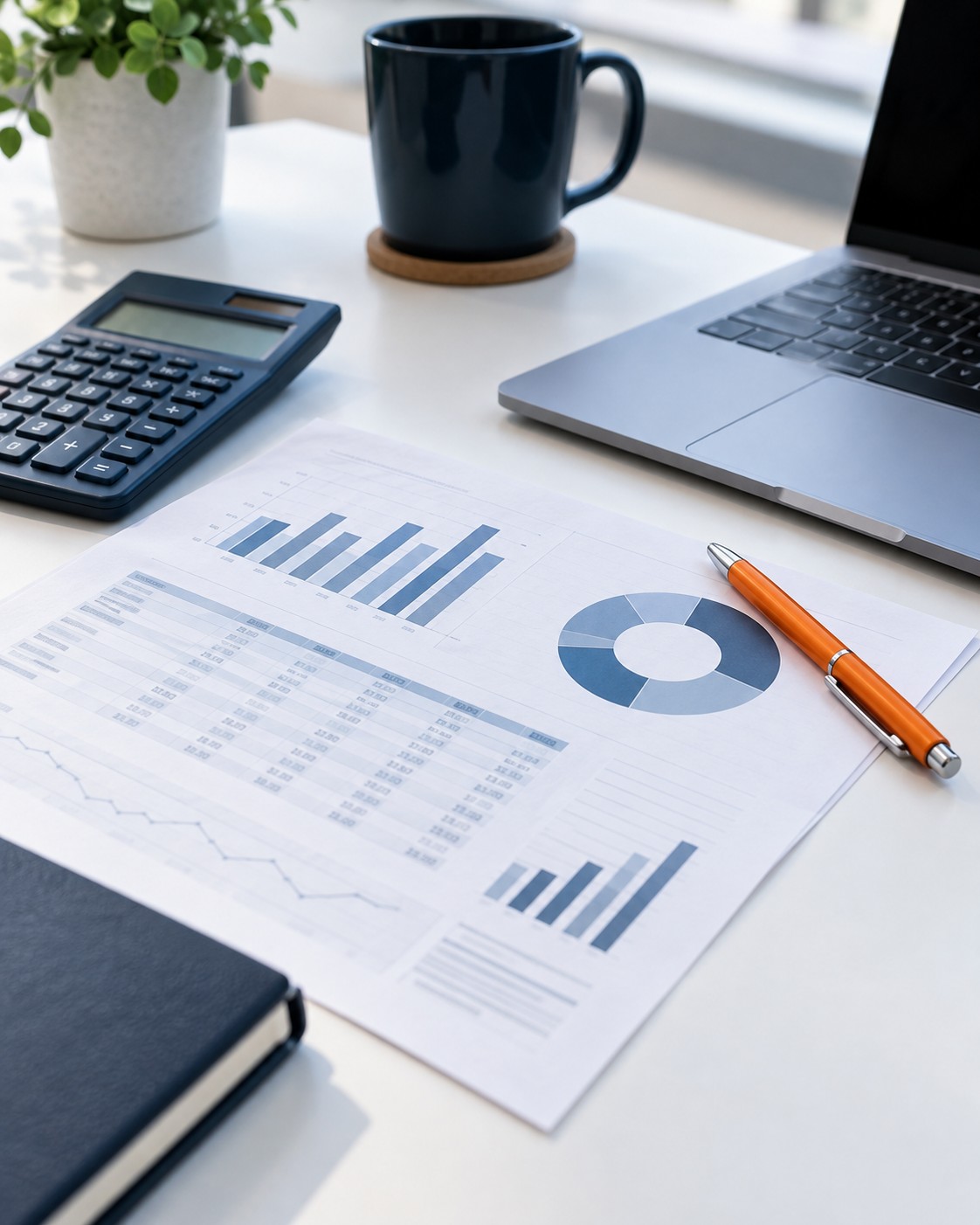 Escritorio con informes financieros y herramientas de análisis